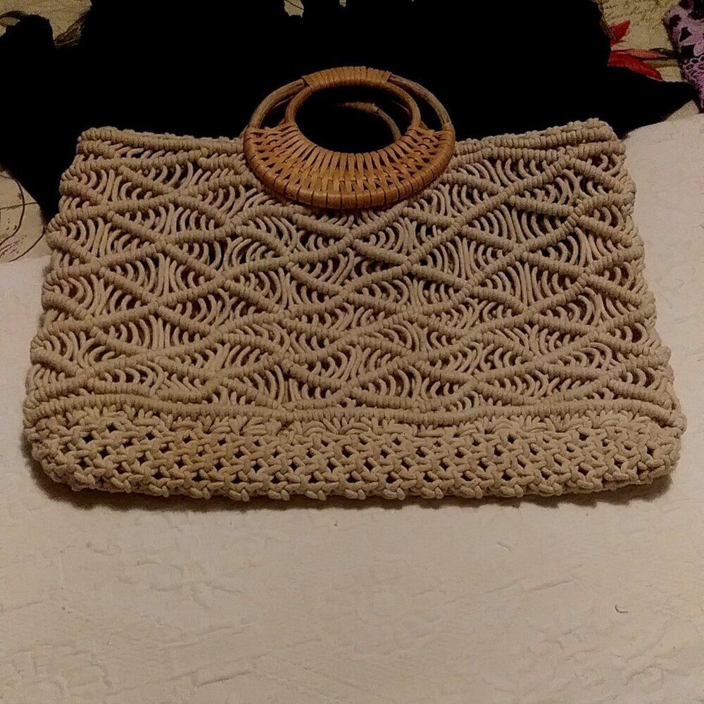 Anthropologie Woven Macramé Tote in Natural and Rattan